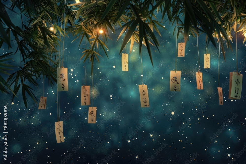 Poster A bundle of notes hanging from a tree branch