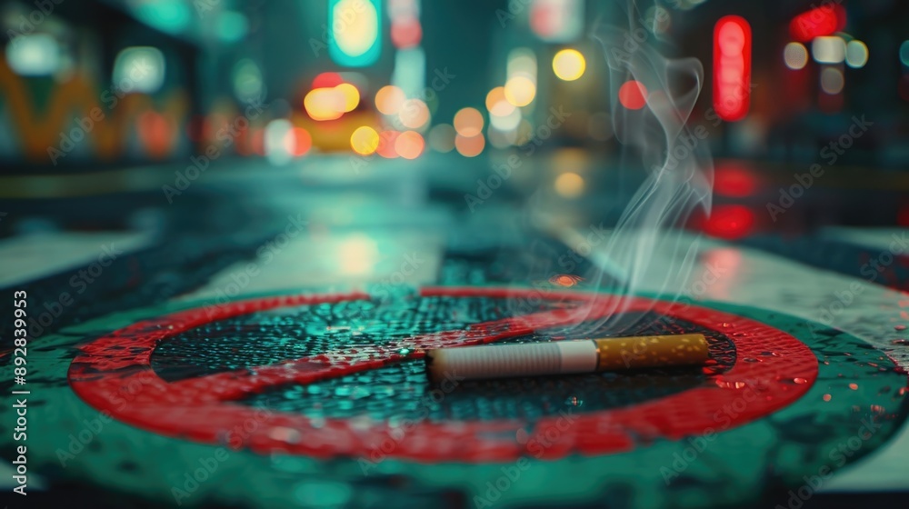 Poster a cigarette sits on top of a red and green sign, possibly in a public place or event