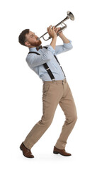 Naklejka premium Handsome musician playing trumpet on white background