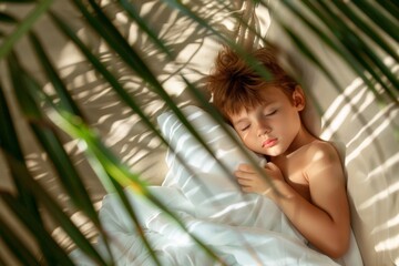 Sleepwear-clad boy enjoys restful nap quiet bedroom scene. Serene bedtime scene child resting comfortably his pillow. Dreaming youth symbolizes safe warm escape from daily life's hustle.
