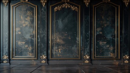 Elegant vintage room with ornate dark walls and wooden floor
