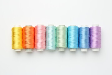 Spools of sewing threads on white background, flat lay