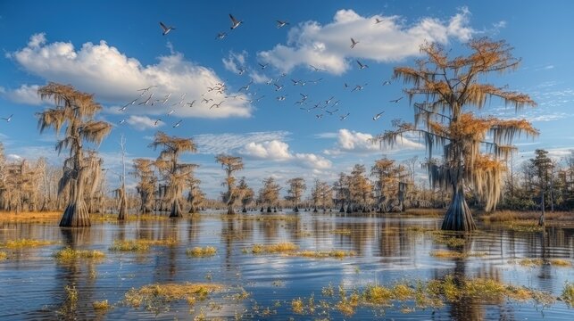 Stunning Landscape of Serene Cypress Swamp with Reflective Waters, Dramatic Clouds and Vibrant Foliage under a Clear Blue Sky