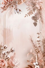 Floral arched frame, beige and peach roses, cotton branches, delicate leaves, and soft pampas grass, suitable for wedding or birthday invitations, greeting cards, event ticket, flyer. Boho style