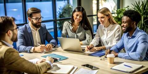 Young professionals gathered around a table, deeply engaged in project collaboration. Each member contributes actively, showcasing professionalism and teamwork.