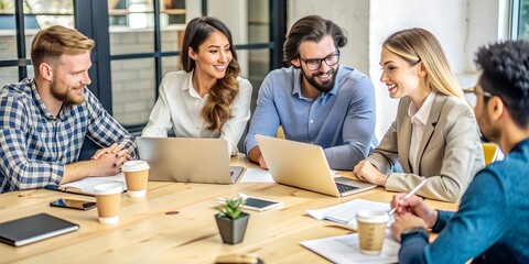 Young professionals gathered around a table, deeply engaged in project collaboration. Each member contributes actively, showcasing professionalism and teamwork.