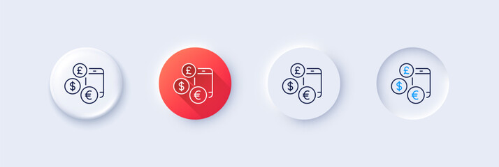 Currency rates line icon. Neumorphic, Red gradient, 3d pin buttons. Money exchange sign. Phone trade symbol. Line icons. Neumorphic buttons with outline signs. Vector