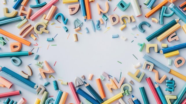 Dyslexia Awareness Month. Multi-colored letters and colored pencils on a white background. Horizontal banner. Copy space. Dysgraphia, dyslexia and learning difficulties concept. ADHD. Back to school