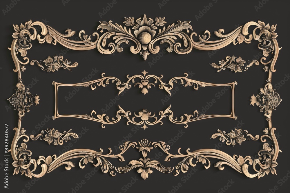 Poster A collection of decorative gold frames against a dark backdrop, ideal for use in design or photography projects