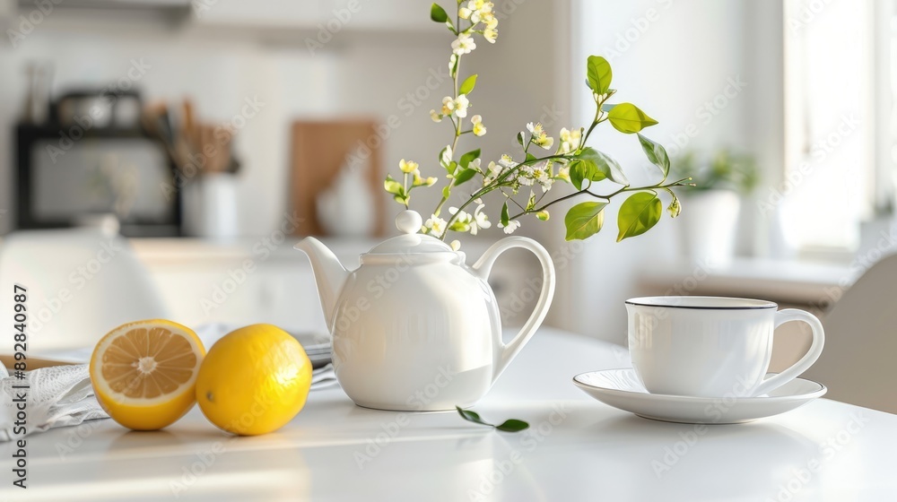 Wall mural Tea with lemon, teapot, and green branch on white table in modern Scandinavian kitchen. Breakfast scene.