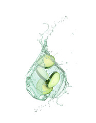 Cucumber slices and splashing water in air on white background