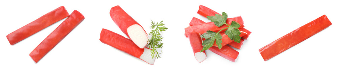 Tasty crab sticks isolated on white, set © New Africa