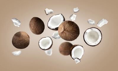 Many coconuts in air on dark beige background, banner design