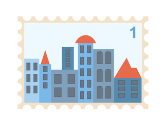 Postal stamp with city buildings geometric design template vector illustration isolated on white