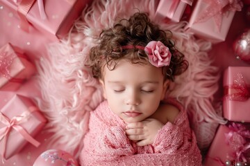 Fototapeta premium Cozy pink this infant enjoys peaceful serene nap. Tender curly-haired boy naps enveloped warmth and love. Innocence of childhood captured peaceful sleeping scene.