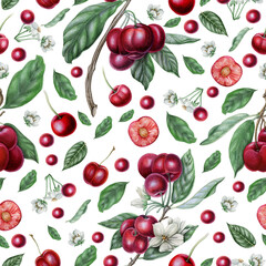 Cherry berries with leaves, watercolor floral seamless pattern on white  background for table textile, summer fabrics, scrapbooking, decoupage etc. 