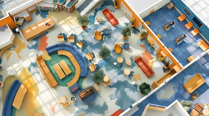 An architectural top view interior plan of a community activity center with detailed furniture in style of colorful oil painting style, Generative AI illustrations. 