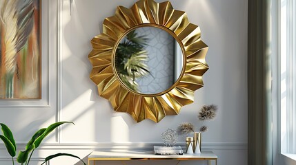 Art Deco Style Gold Mirror Above Console Table in Elegant Foyer Decor
