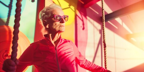 Elderly woman working out in a vibrant colorful gym. Fitness and exercise concept.