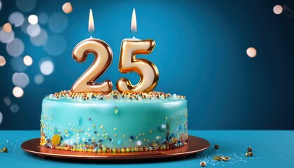Happy 25th Birthday Cake with Candles and Blue Backdrop