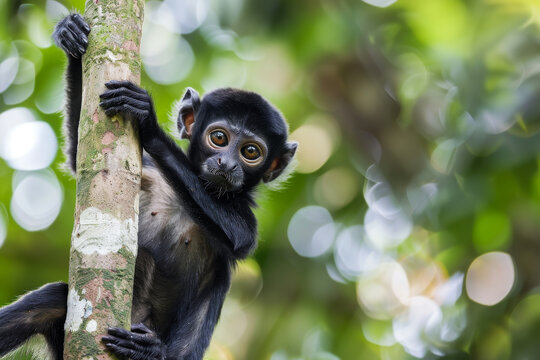 Black spider monkey ateles climbing a tree in the jungle with blurred background