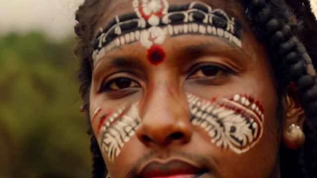 picture of an Amazonian indigenous group with facial ritual paints