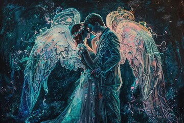 Obraz premium A romantic scene featuring a couple embracing and sharing a kiss
