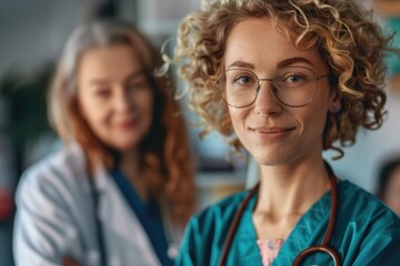 Nurse Professor. Young Caucasian Adult Female Medical Student With Closeup Of Elderly Female Doctor Indoors