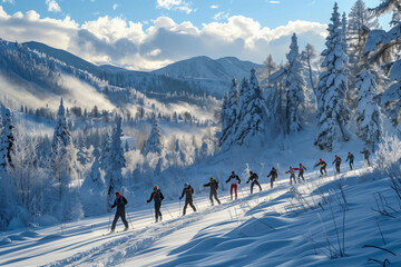 A Group of Biathletes Train on a Snowy Mountain Path