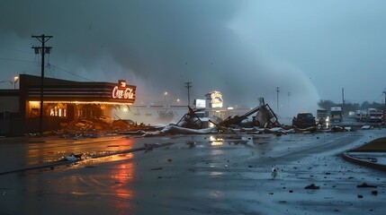 A dangerous tornado destroys truck stop and park, Generative AI illustrations. 