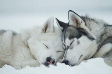 Obraz premium Serene scene of peaceful siberian huskies resting in the cold snow, cuddling and enjoying the tranquility of winter
