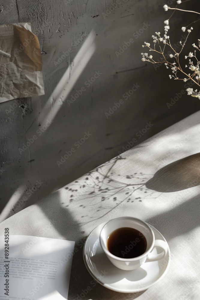 Poster a person enjoying their morning routine with a cup of coffee and a book