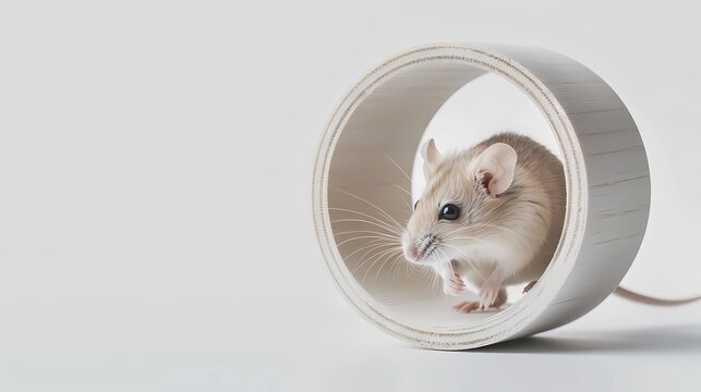 A rat runs happily in an empty, vertical white wood wheel with no wheels on the bottom, Generative AI illustrations.