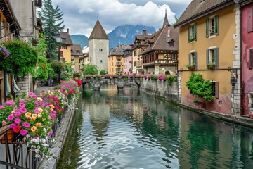 Annecy France. Mediaeval Cityscape: Thiou River, Old Town Bridge 2024