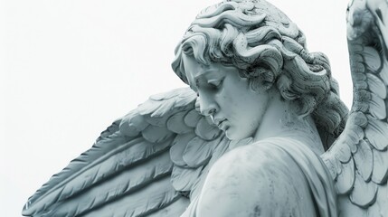 A detailed view of an angelic figure on a statue, suitable for use in religious or inspirational...