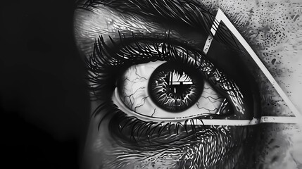 Obraz premium Close up of a eye with a pair of scissors, realistic front eye in triangle, Generative AI illustrations. 