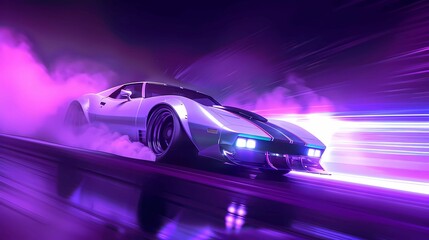 Obraz premium A car with black stripes, smoking tires, laser beam, motion blur, purple ambiance, 90's horror style, Generative AI illustrations. 