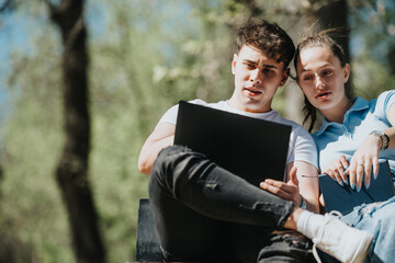 Two young friends focused on their studies and discussing ideas while seated outdoors, surrounded by greenery.