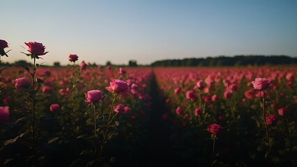 red rose garden with blue sky