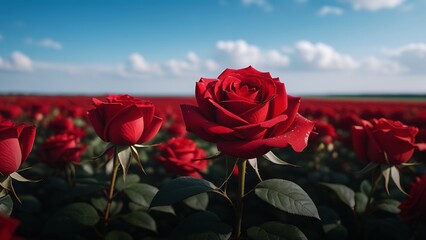 red rose garden with blue sky