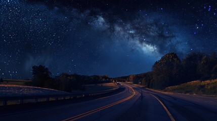 Fototapeta premium Highway at night, starry sky, light traffic, peaceful landscape
