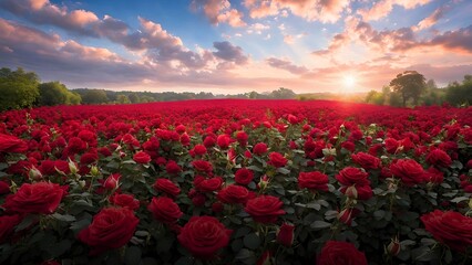red rose garden with blue sky