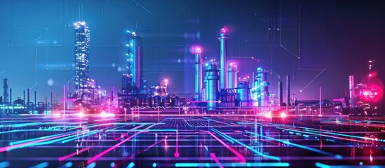 Naklejka premium Futuristic industrial city with glowing lights and digital network connections