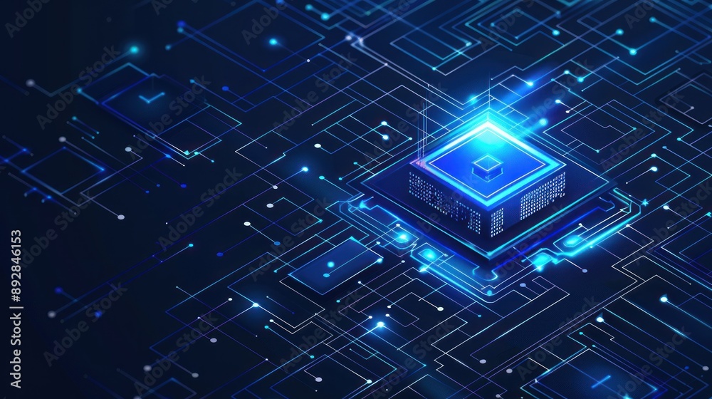 Aufkleber A glowing blue processor chip sits on a circuit board connecting to a network of digital lines