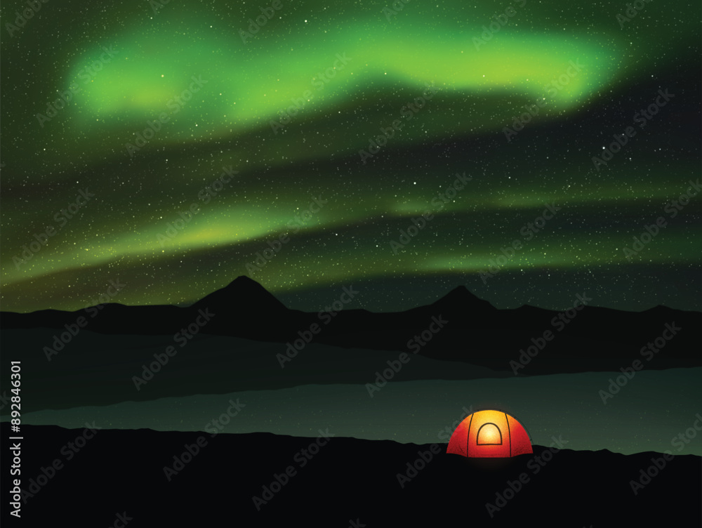 Sticker orange tent at starry night. camping in mountains. green polar lights