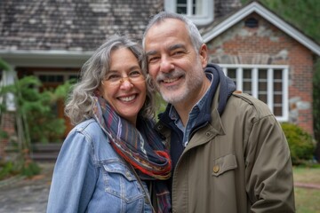 Obraz premium Sold Real Estate: Attractive Couple Selling Home with Sold Sign