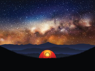 Orange tent at starry night. Camping in mountains. Milky Way in sky © arvitalya
