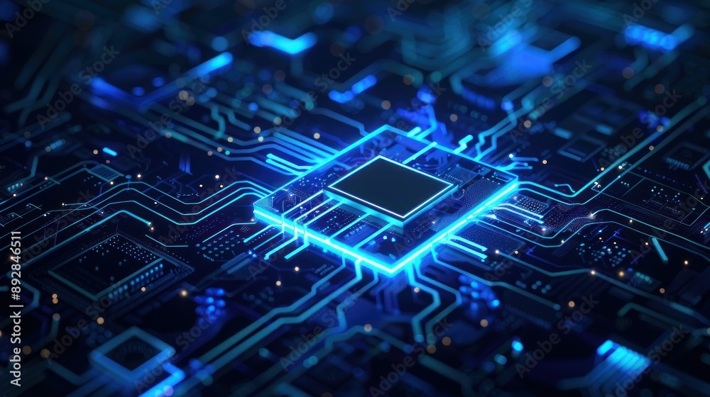 Poster A closeup view of a glowing blue microprocessor on a circuit board