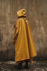 Naklejka premium A person wearing a bright yellow raincoat stands in front of a wall, providing a pop of color against the neutral background