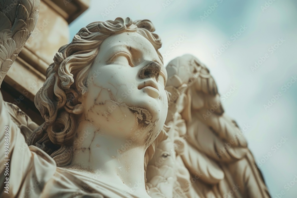 Poster A detailed view of an angel's face from a statue, suitable for use in artistic or inspirational contexts